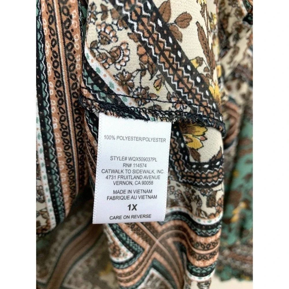 Pleione 1X Sheer Chiffon Blouse Mixed Print Floral Long Sleeves